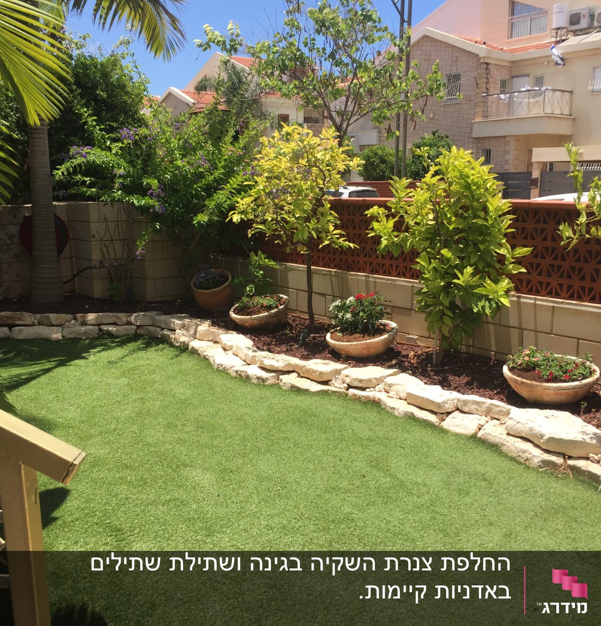 עציצים עם צמחים ופרחים על דשא מלאכותי